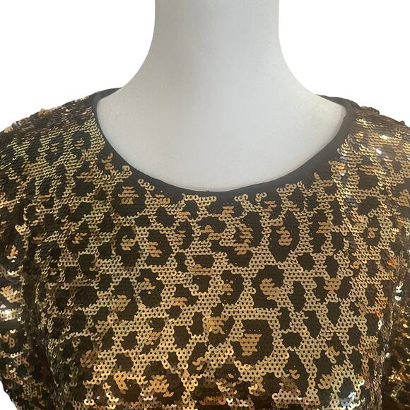 Michael Kors | Sequin Top | Boxy, Cropped Fit | Gold, Black | Leopard Print | XL - Picture 7 of 9